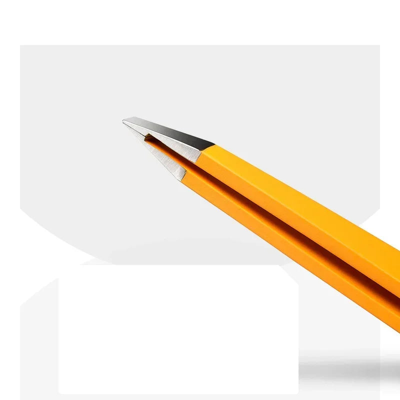 Close-up of Colorful Eyebrow Tweezers, featuring finely aligned tips in vibrant yellow for precise hair pulling.